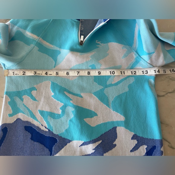 Women’s SWEATY BETTY 1/4 Zip Ski Baselayer Mountain Scene Top-Blue-Small - Picture 2 of 6